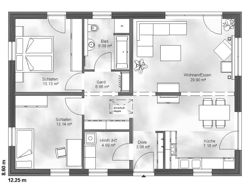 Grundriss eines schlüsselfertigen Bungalows